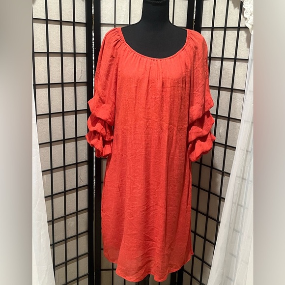INDIGO ROSE DEEP CORAL OFF THE SHOULDER RUFFLED 3/4 SLEEVE DRESS SIZE 2X - Picture 4 of 11